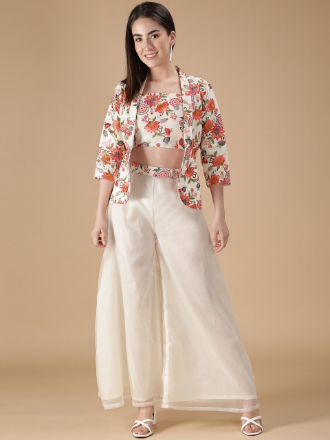 

HANDME Women Off-White & Orange Embroidered Cotton Co-Ords