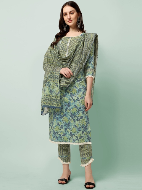 

MIRCHI FASHION Women Turquoise Blue Embroidered Panelled Sequinned Kurti with Trousers & With Dupatta