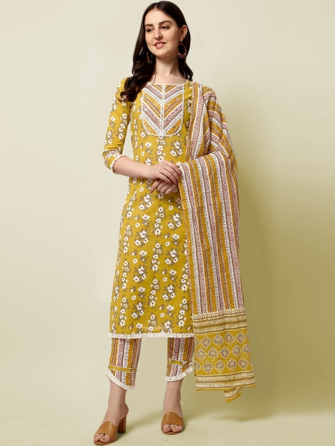 

MIRCHI FASHION Women Mustard Yellow Printed Empire Sequinned Kurti with Palazzos & With Dupatta