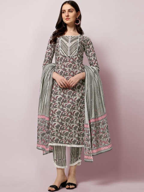 

MIRCHI FASHION Women Grey Printed Panelled Sequinned Kurti with Trousers & With Dupatta