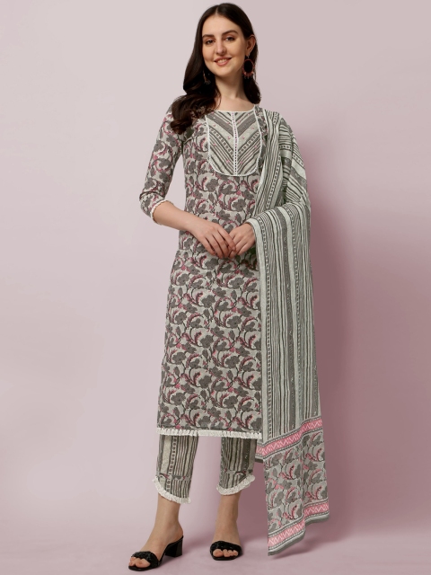 

MIRCHI FASHION Women Grey Printed Panelled Sequinned Kurti with Trousers & With Dupatta