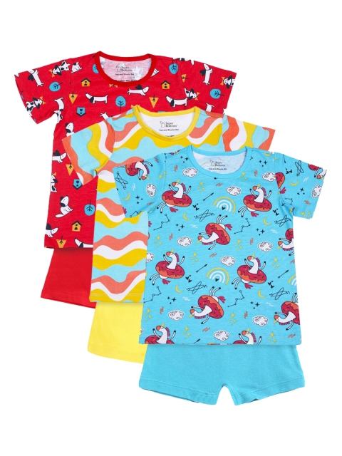 

SuperBottoms Kids Pack of 3 Red & Turquoise Blue Printed Cotton T-shirt with Shorts