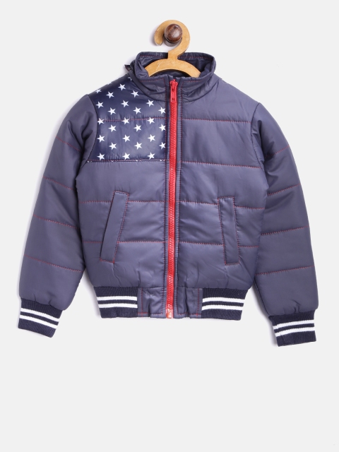 

YK Boys Navy Blue Solid Bomber Jacket with Detachable Hood