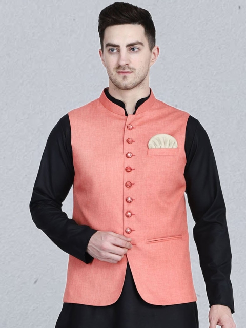 

TAHVO Men Peach-Coloured Solid Satin Nehru Jacket