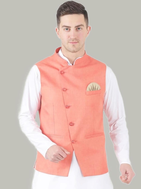 

TAHVO Men Peach Coloured Solid Sleeveless Nehru Jackets