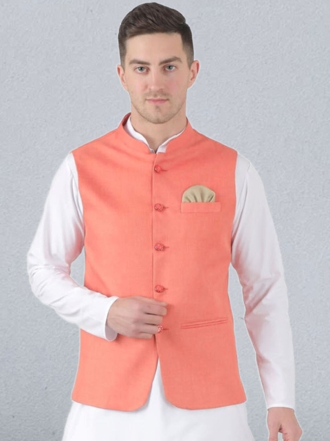 

TAHVO Men Peach Solid Satin Nehru Jackets