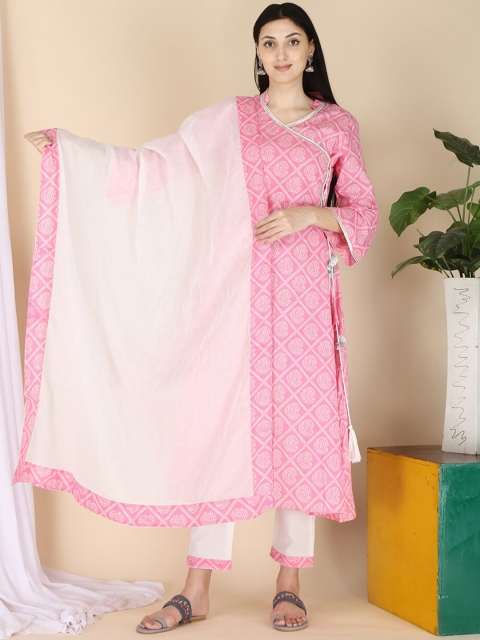 

ERISHA Women Pink Paisley Printed Angrakha Pure Cotton Kurta with Trousers & With Dupatta