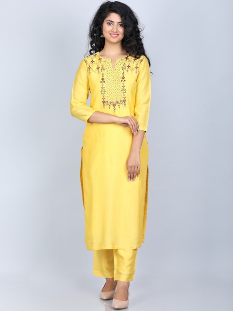 

SUTI Women Yellow Yoke Design Panelled Kurti with Trousers
