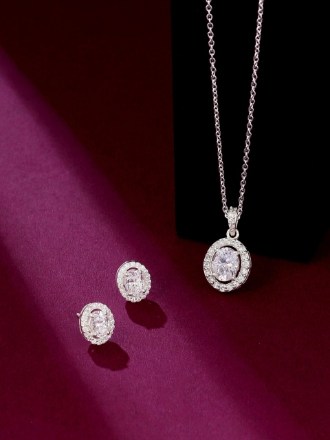 

Hiara Jewels Rhodium-Plated & White CZ -Studded Pendant With Chain, Silver
