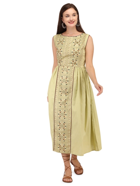 

RGHT Women Lime Green Cotton Ethnic Fit & Flare Dress