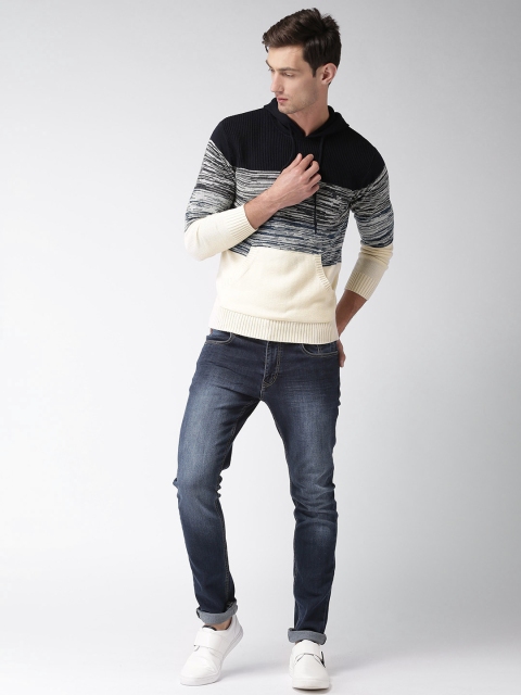 

Mast & Harbour Men Cream-Coloured & Navy Blue Striped Hooded Pullover