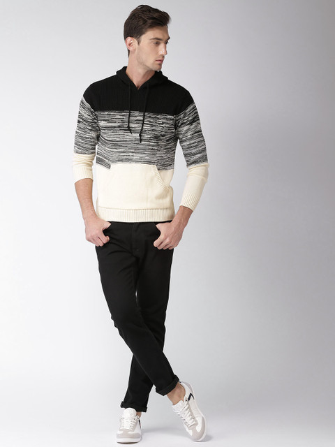 

Mast & Harbour Men Cream & Black Self Design Hooded Pullover