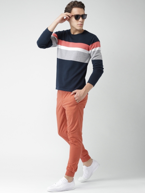 

Mast & Harbour Men Navy Blue & Grey Melange Striped Pullover