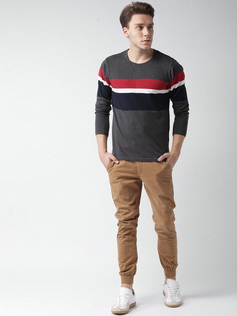 

Mast & Harbour Men Charcoal & Navy Blue Striped Pullover Sweater