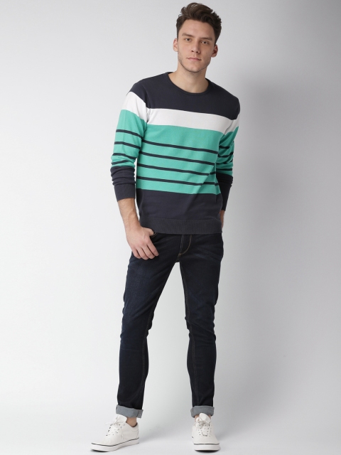 

Mast & Harbour Men Sea Green & Navy Blue Striped Pullover