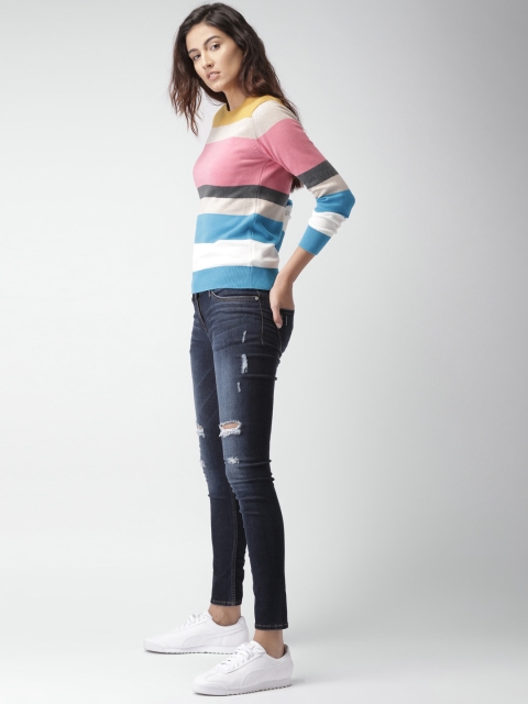 

Mast & Harbour Women Pink & Blue Striped Pullover