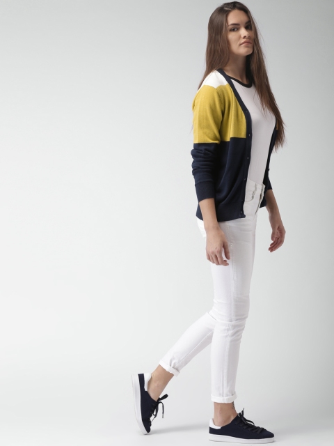 

Mast & Harbour Women Navy & Mustard Yellow Colourblocked Cardigan, Navy blue