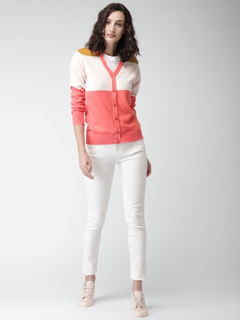 

Mast & Harbour Women Coral & Peach-Coloured Colourblocked Cardigan