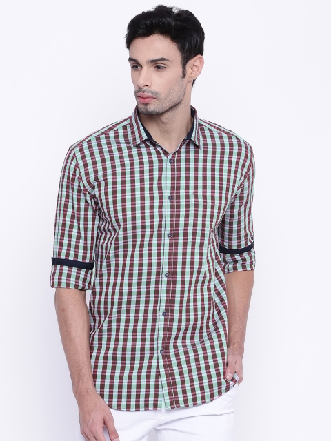

British Club Men Green & Brown Checked Slim Fit Casual Shirt