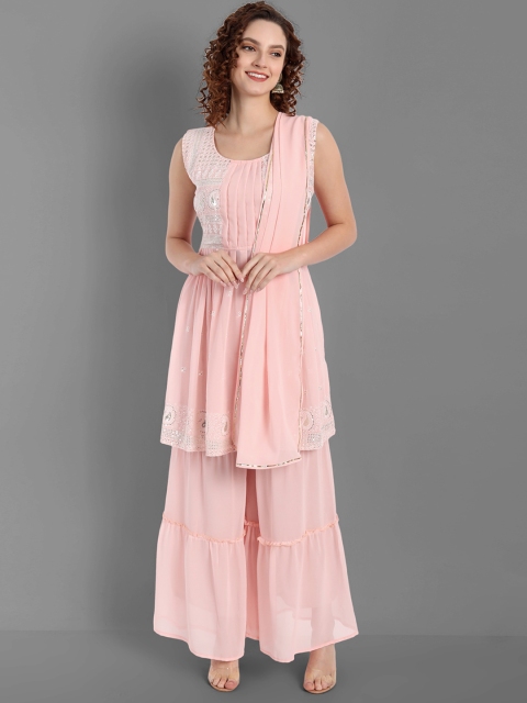

TORONFRAS Women Peach-Coloured Thread Work Silk Georgette Kurti with Sharara & With Dupatta