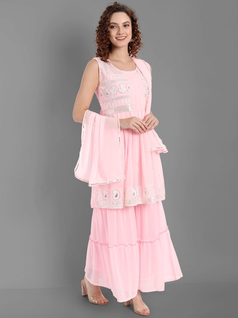 

TORONFRAS Women Pink Embroidered Silk Georgette Kurta with Sharara & With Dupatta