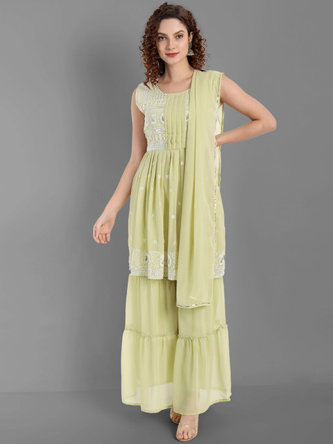 

TORONFRAS Women Green Sequinned Silk Georgette Kurta with Sharara & With Dupatta
