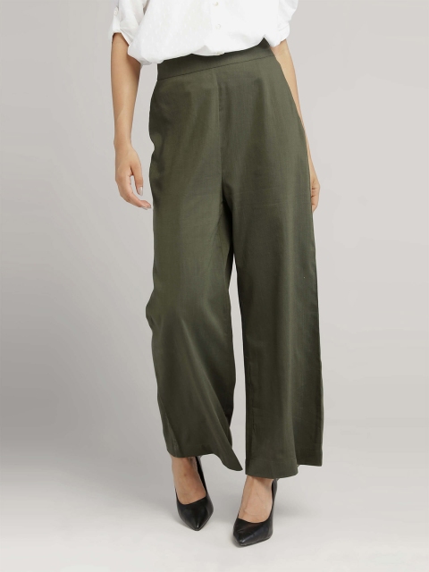 

IDK Women Olive Green Straight Fit High-Rise Trousers