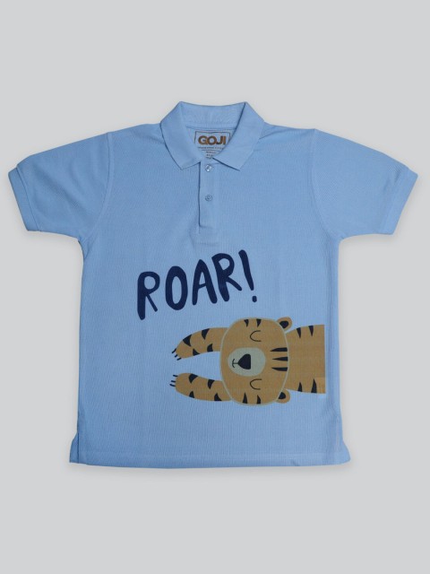 

GOJI Boys Blue Typography Printed Polo Collar Applique T-shirt