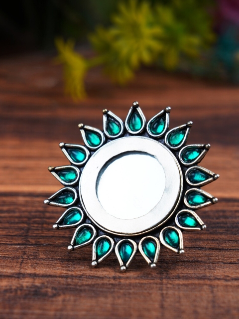 

FIROZA Silver-Toned & Green Oxidized Stone-Studded Ring