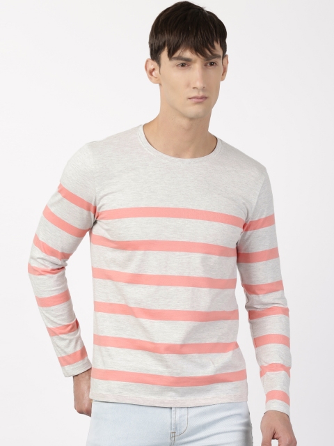 

ether Men Grey Peach Striped Round Neck Full Sleeve Pure Cotton T-shirt