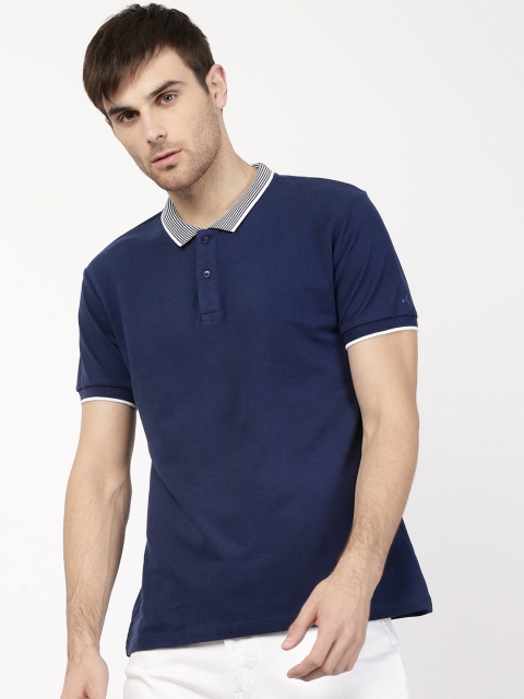 

ether Men Navy Blue Solid Polo Collar T-shirt