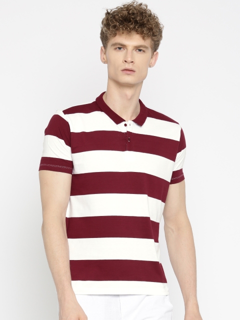 

ether Men White & Maroon Striped Polo Collar T-shirt
