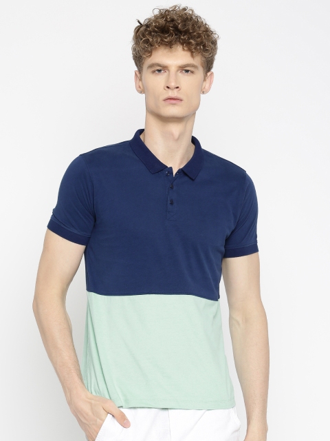 

ether Men Blue & Sea Green Colourblocked Polo Collar T-shirt