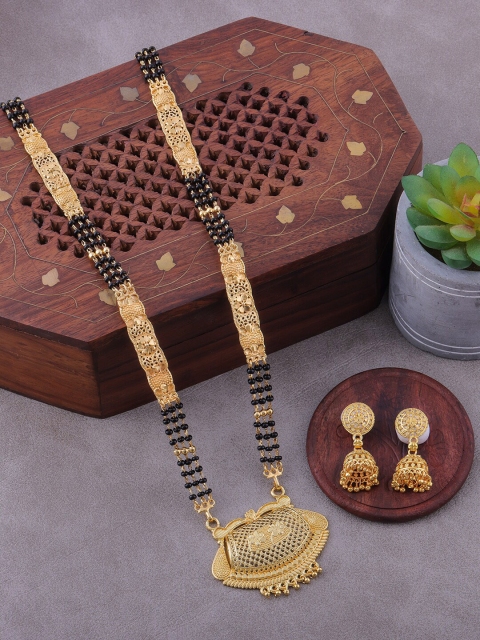 

Brandsoon Gold Plated & Black Beaded Mangalsutra With Jhumkas Earrings