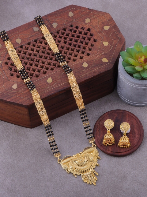 

Brandsoon Gold-Plated & Black Beaded Mangalsutra With Earring