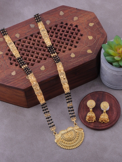 

Brandsoon Gold-Plated Black Beaded Mangalsutra WIth Earrings