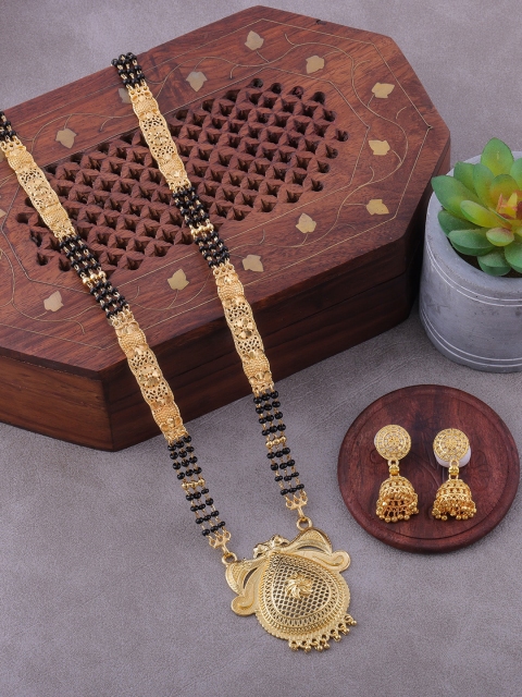 

Brandsoon Gold Plated & Black Beaded Mangalsutra With Jhumkas Earrings