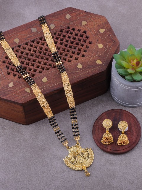 

Brandsoon Gold-Plated Black Beaded Mangalsutra With Earrings