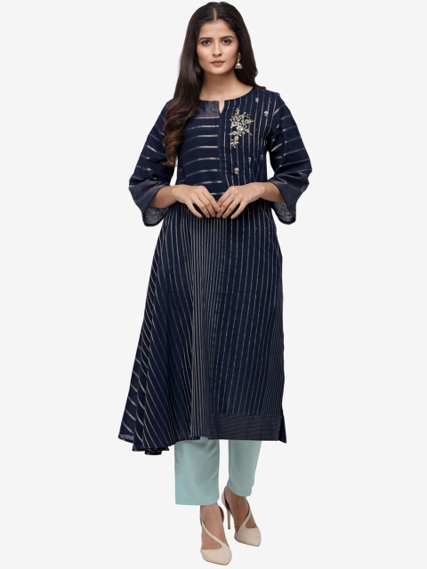 

Jansi Women Navy Blue Printed Linen Kurti with Trousers