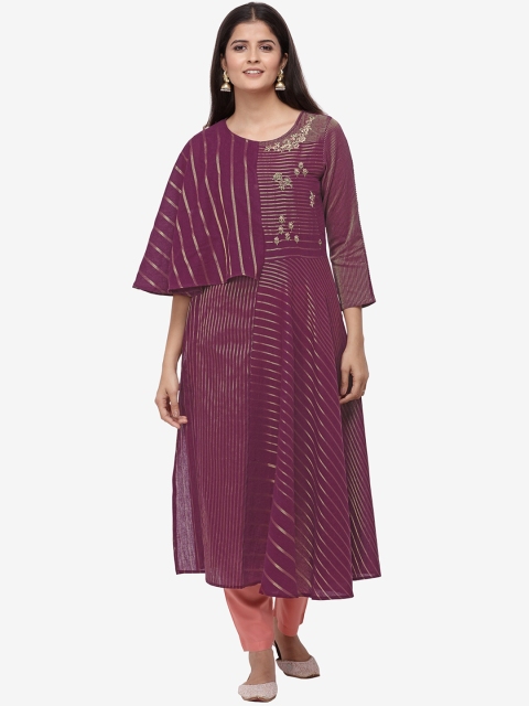 

Jansi Women Purple Striped Layered Linen Top with Trousers