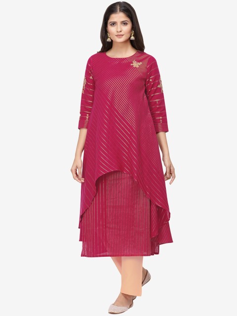 

Jansi Women Pink Striped Layered Thread Work Linen Kurta with Trousers