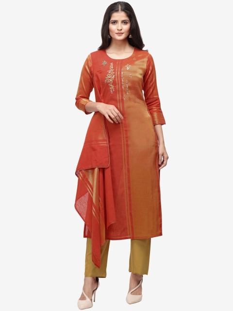 

Jansi Women Red Floral Printed Linen Kurta with Trousers