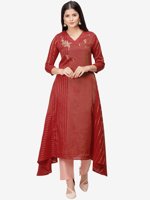 

Jansi Women Red Printed Linen Kurta with Trousers