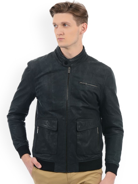 

LONDON FOG Men Navy Blue Camouflage Leather Longline Bomber Jacket