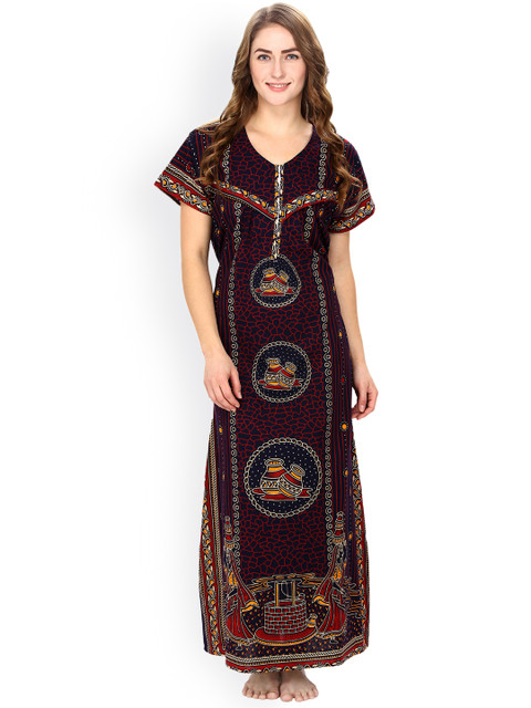 

Secret Wish Navy & Brown Printed Maternity Maxi Nightdress NT-E45-329, Navy blue