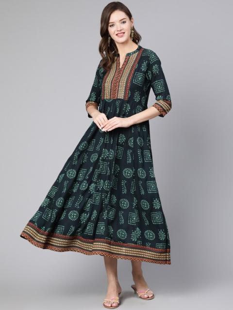 

THE NKS PLUS Green Ethnic Motifs Ethnic A-Line Midi Dress