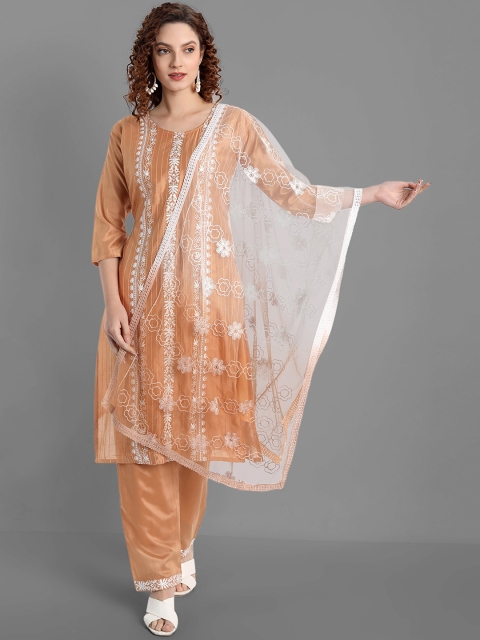 

TORONFRAS Women Orange Ethnic Motifs Printed Aari Work Pure Silk Kurta with Salwar & With Dupatta