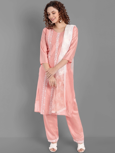 

TORONFRAS Women Pink and White embroidred Silk Kurta with Trousers and Dupatta