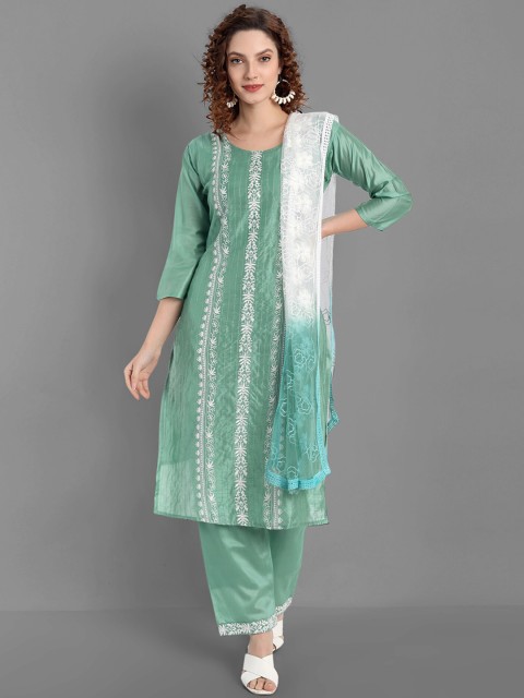 

TORONFRAS Women Green Embroidered Pure Silk Kurta with Trousers & With Dupatta