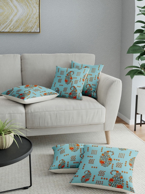 

LA VERNE Adults Blue & Orange Set of 5 Floral Printed Square Cushion Covers